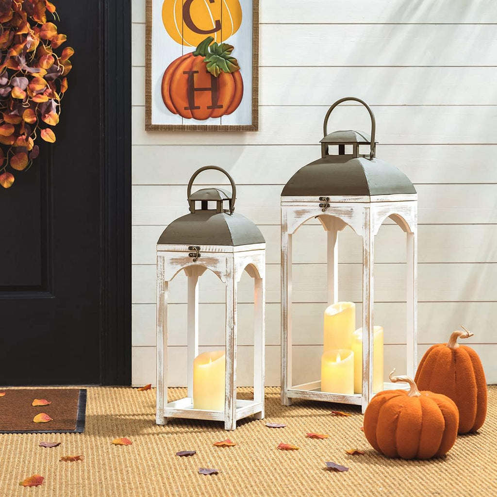 Glitzhome Set of 2 Mondern Farmhouse Wood Metal Lanterns Decorative Candle Lanterns, White (No Glass)