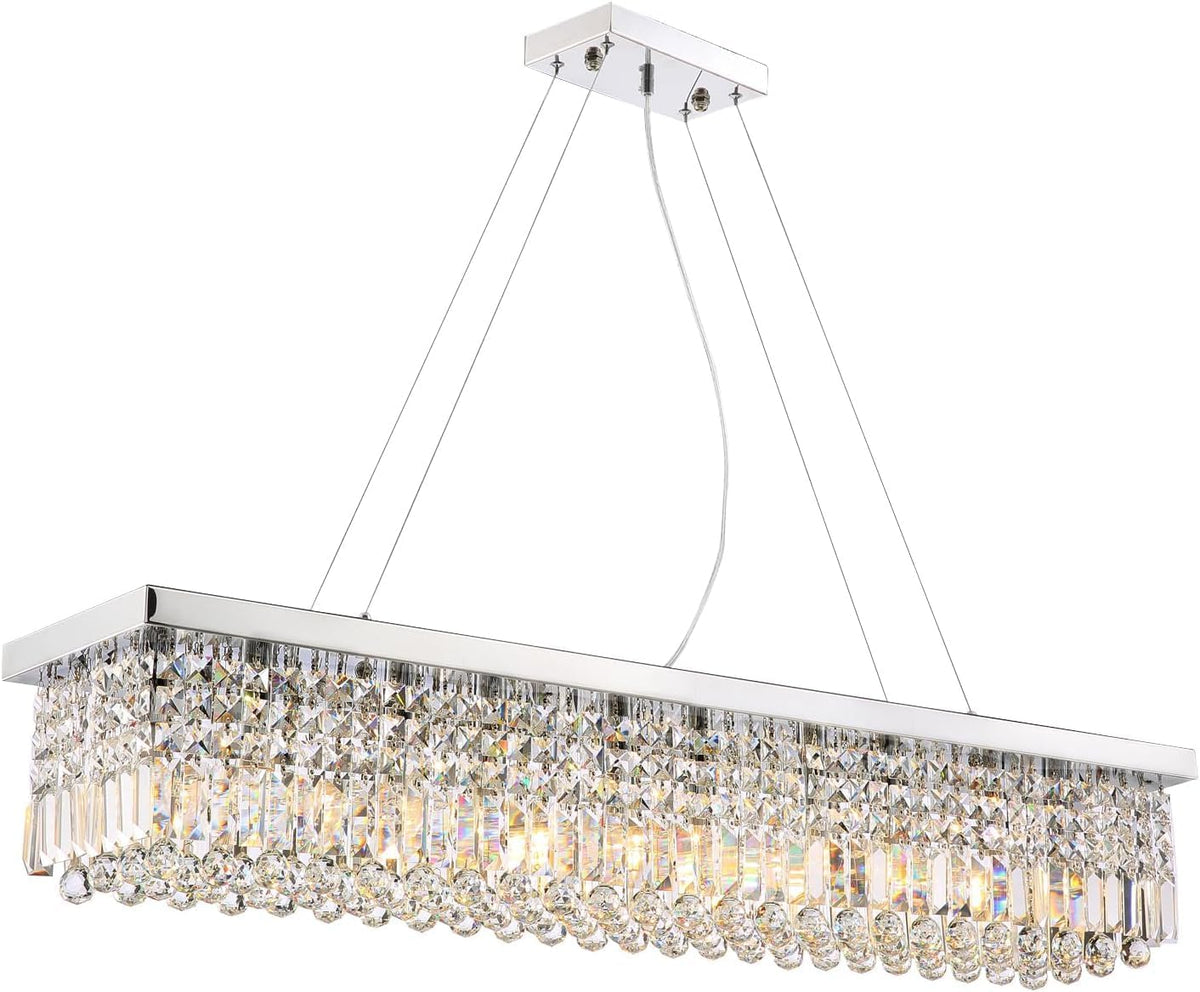 Siljoy Modern Rectangular Crystal Chandelier, 47" Rectangle Raindrop Hanging Ceiling Pendant Light Fixture Adjustable Height for Kitchen Island Dining Room, Polished Chrome Finish, L47 x W10 x H10