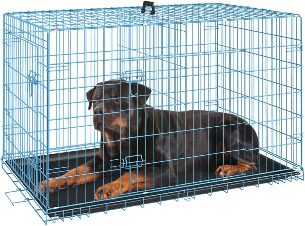 FDW Dog Crate for Large Dogs 42 Inch Folding Metal WirePet Cage Double Door W/Divider Panel Indoor Outdoor Kennel Leak-Proof Plastic Tray,Blue