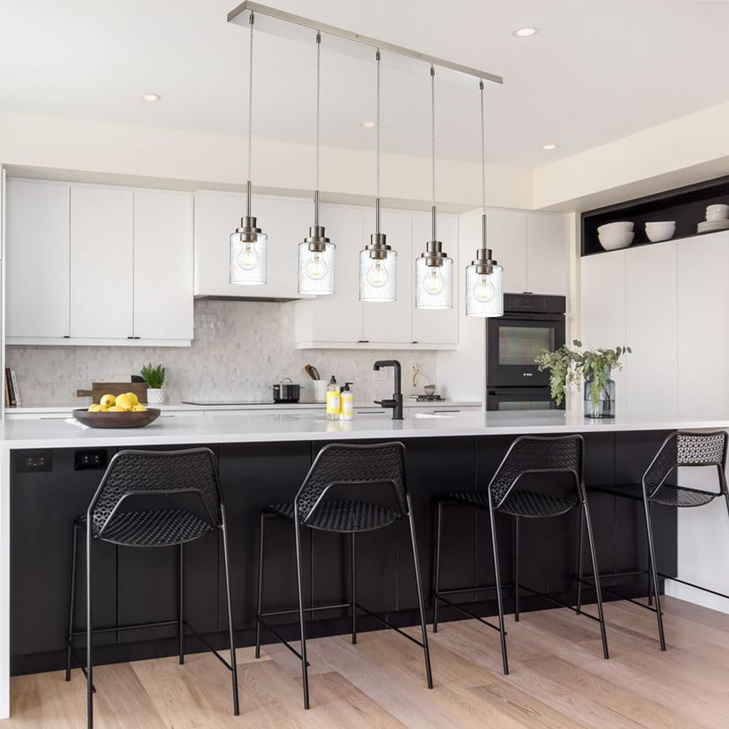 Lighting Contemporary Brushed Nickel Linear Chandelier Pendant Light 5 Lights Clear Seeded Glass Farmhouse Pendant Lighting Modern Dining Room Light Fixture for Living Room Kitchen Island