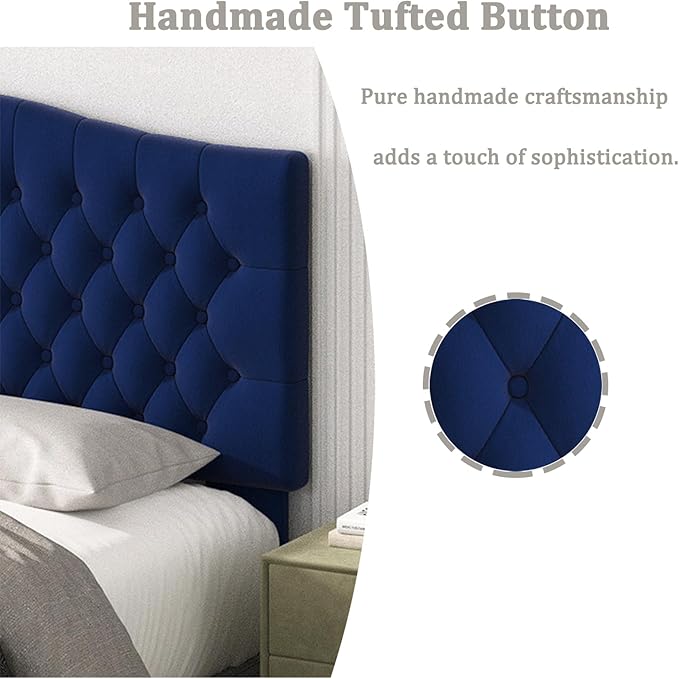 King Headboard Only, Upholstered Headboard King Size for Adjustable Bed Velvet Tufted Wall Mounted Head Board with Solid Wood Legs, Navy Blue