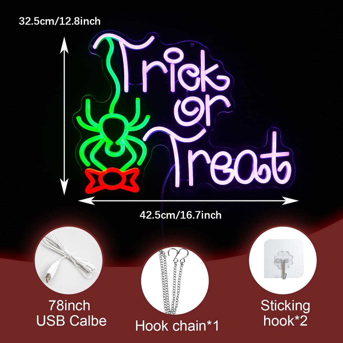 Trick Or Treat Neon Sign Funny Spider Candy LED Neon Light for Wall Decor Dimmable USB Halloween Light Up Sign for Halloween Party Home Neon Decor (16.7 * 12.8In)