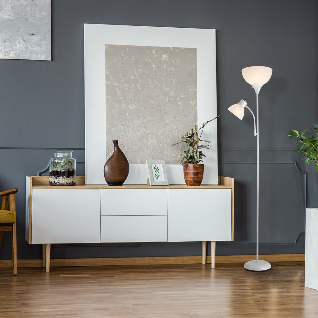 GLOBE Electric 67136 72" Torchiere Floor Lamp with Adjustable Reading Light, Matte White Finish, Frosted Shades, Rotary Switch on Socket, E26 Base