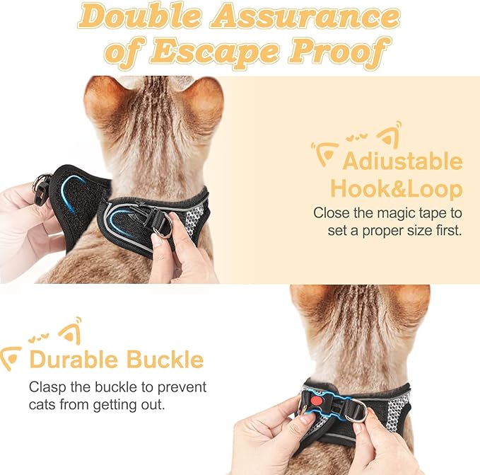 Cat Harness and Leash for Walking Escape Proof, Adjustable Kitten Vest Harness Reflective Soft Mesh Puppy Harness for Outdoor, Comfort Fit, Easy to Control (Gray, XS)