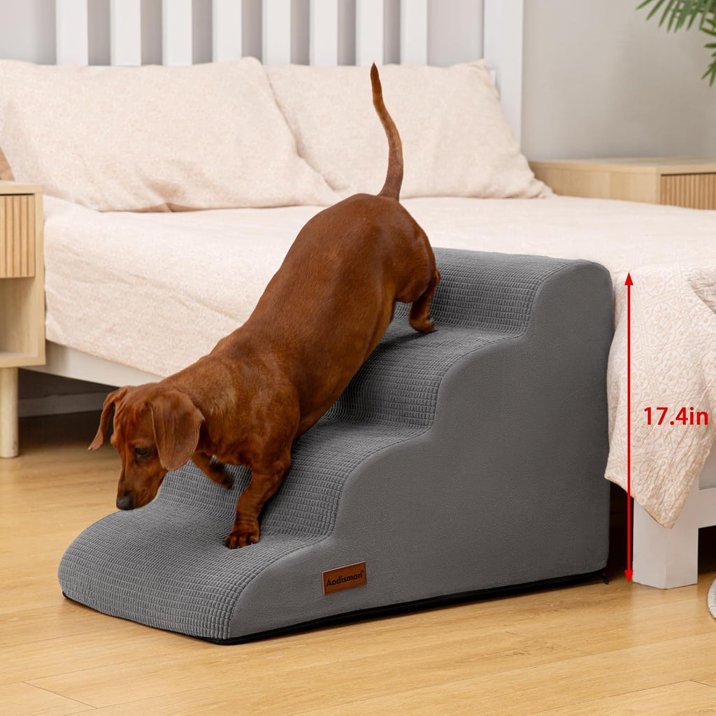 4-Step Dog Stairs and Ramp for Beds or Couches – Non-Slip Sturdy Pet Steps for Small Dogs and Cats,17.4" H,Grey