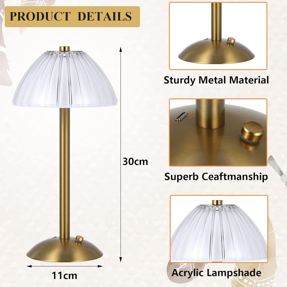 Liliful 1 Pcs LED Portable Cordless Table Lamp Touch Battery Operated Rechargeable Desk Lamp 3 Color Dimmable for Bedroom Living Room Dining (Mushroom Style,Gold)