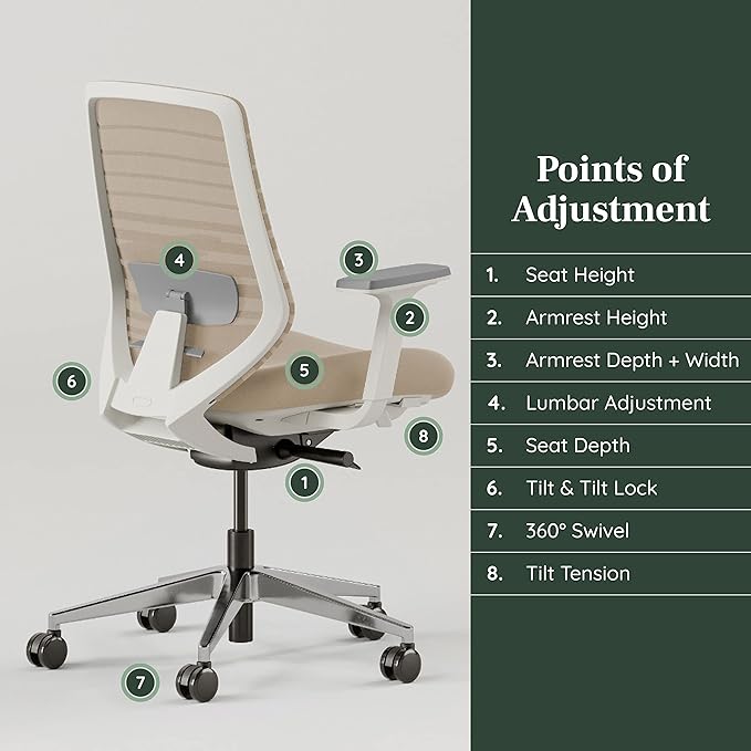 Branch Ergonomic Chair - A Versatile Desk Chair with Adjustable Lumbar Support, Breathable Mesh Backrest, and Smooth Wheels - Experience Optimal Comfort and Support - Sand - White