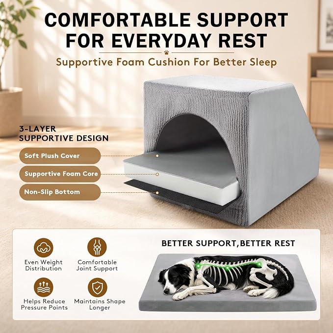 XXL Indoor Dog House for Large Dogs, Enclosed Dog Cave Bed | Washable Removable Cover, Spacious Pet House with Soft Cushion, Large Indoor Dog Bed for Big Dogs, 42" L x 28" W x 28" H