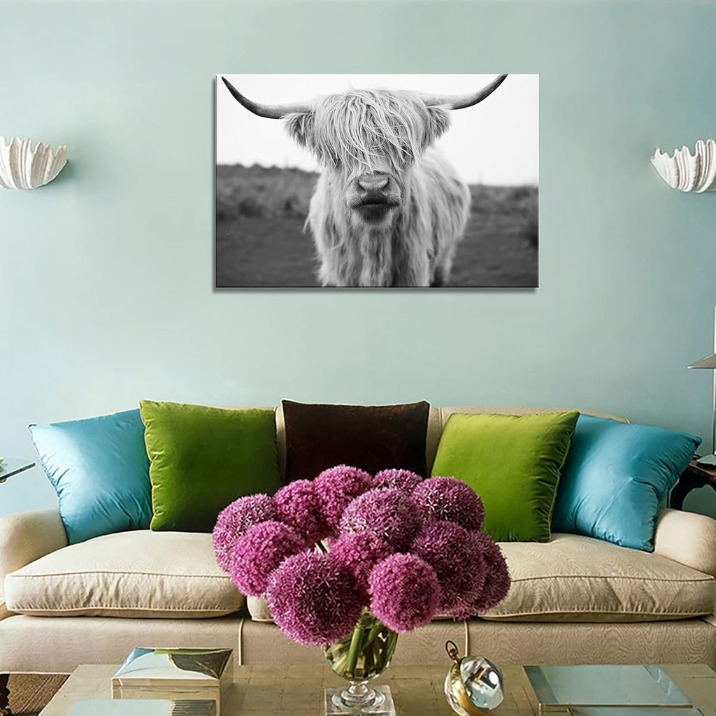 XXMWallArt FC3669 Highland Cow Canvas Art - Black and White Animal Wall Art for Living Room, Bedroom, Office Decor