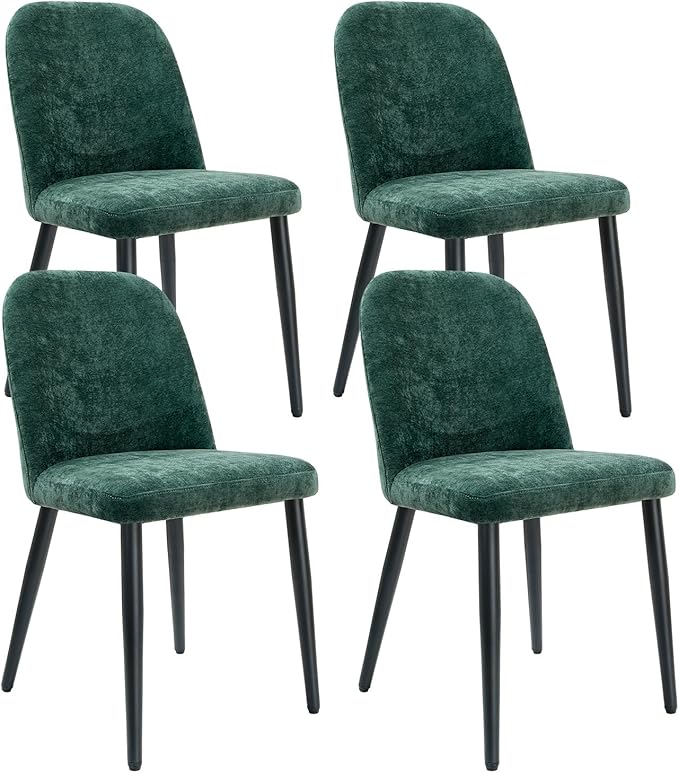 Upholstered Dining Chairs Set of 4, Mid Century Modern Fabric Dining Room Chair High-Back Padded Kitchen Chairs with Padded Seat and Metal Legs for Kitchen Dining Room Restaurant Cafe, Green