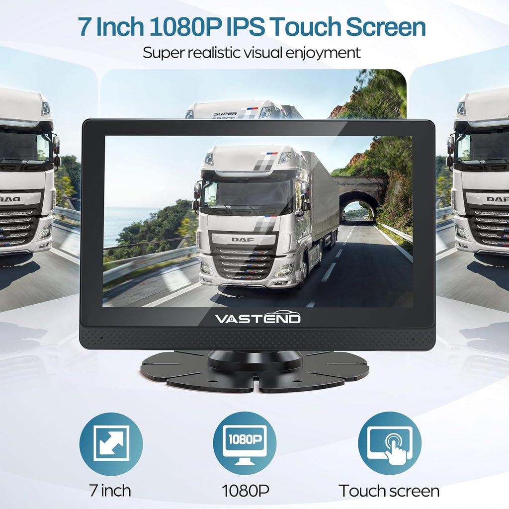 1080P Backup Camera for Truck, 7" IPS Touchscreen Monitor Front and Rear View Dual Cameras, IP69 Waterproof, IR Night Vision for Truck, Trailer, Camper, Included 32GB Card