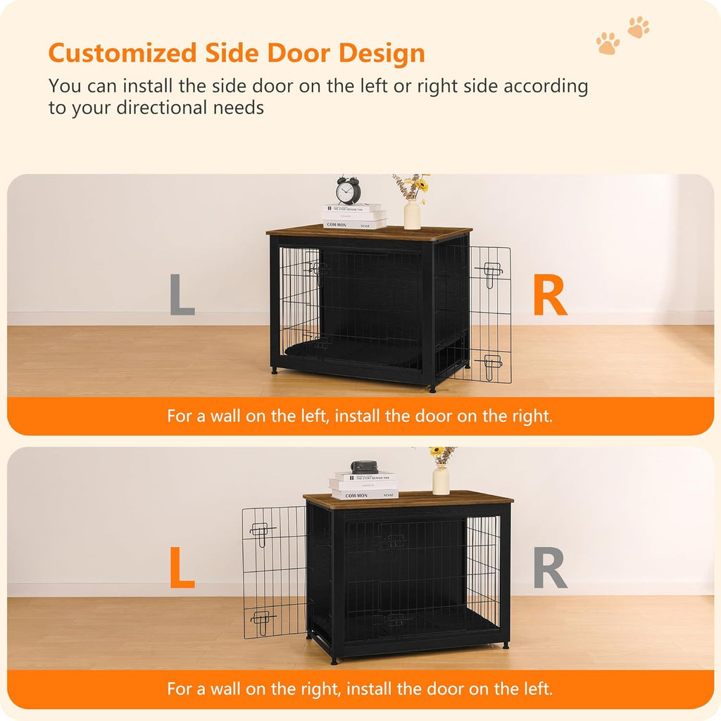 DWANTON Dog Crate Furniture with Cushion, Wooden Kennel Table with Double Doors, Indoor Dog House, Medium Size, 32.5" L, Black+Warm Brown