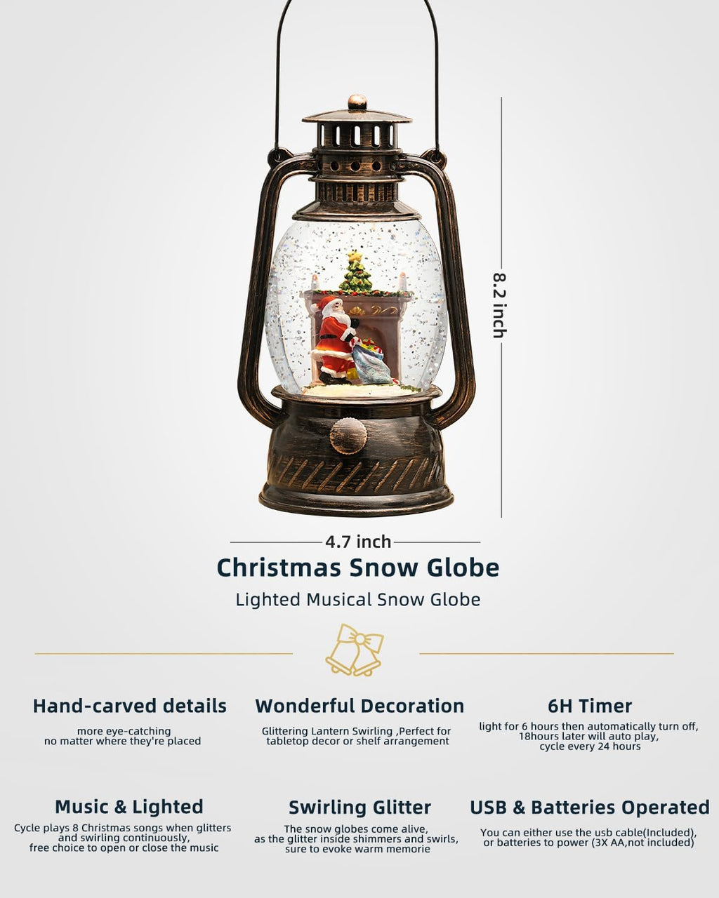 Snow Globe Christmas Decorations Indoor,Christmas Snow Globe Swirling Glittering Santa Scene, USB Lined/Battery Operated Lighted Snow Globe for Christmas Festival Decoration Gifts