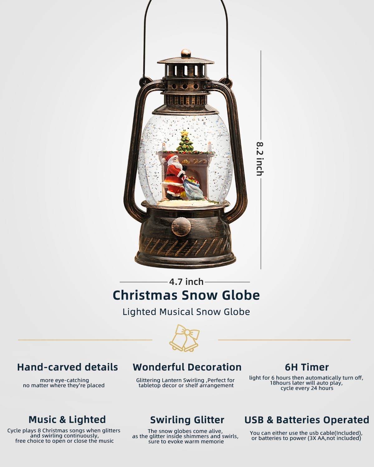 Snow Globe Christmas Decorations Indoor,Christmas Snow Globe Swirling Glittering Santa Scene, USB Lined/Battery Operated Lighted Snow Globe for Christmas Festival Decoration Gifts