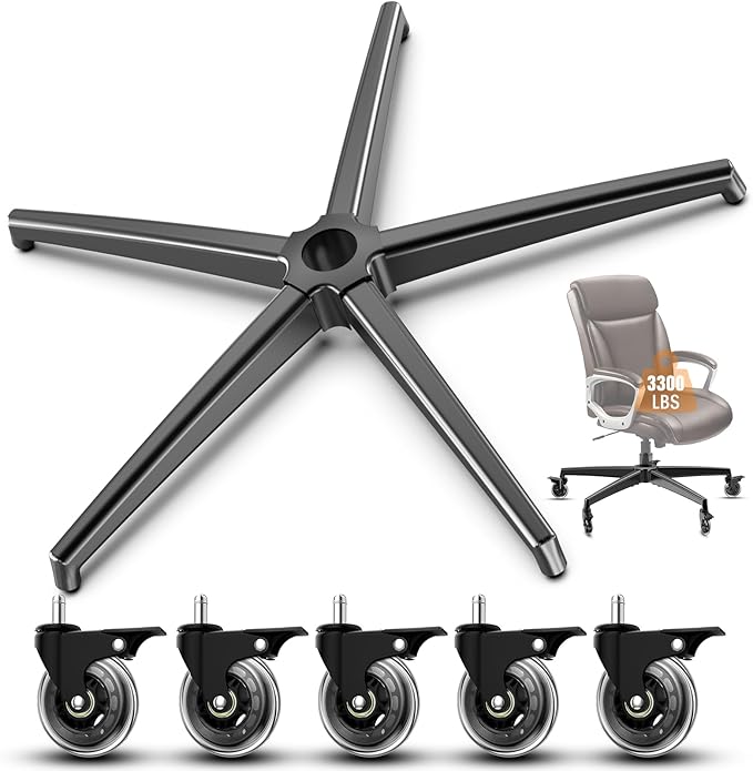 Office Chair Base Replacement PartsWith 5 Casters with Brakes(3300 lbs) - Heavy Alloy Office Chair Base Replacement, Universal Gas Cylinder