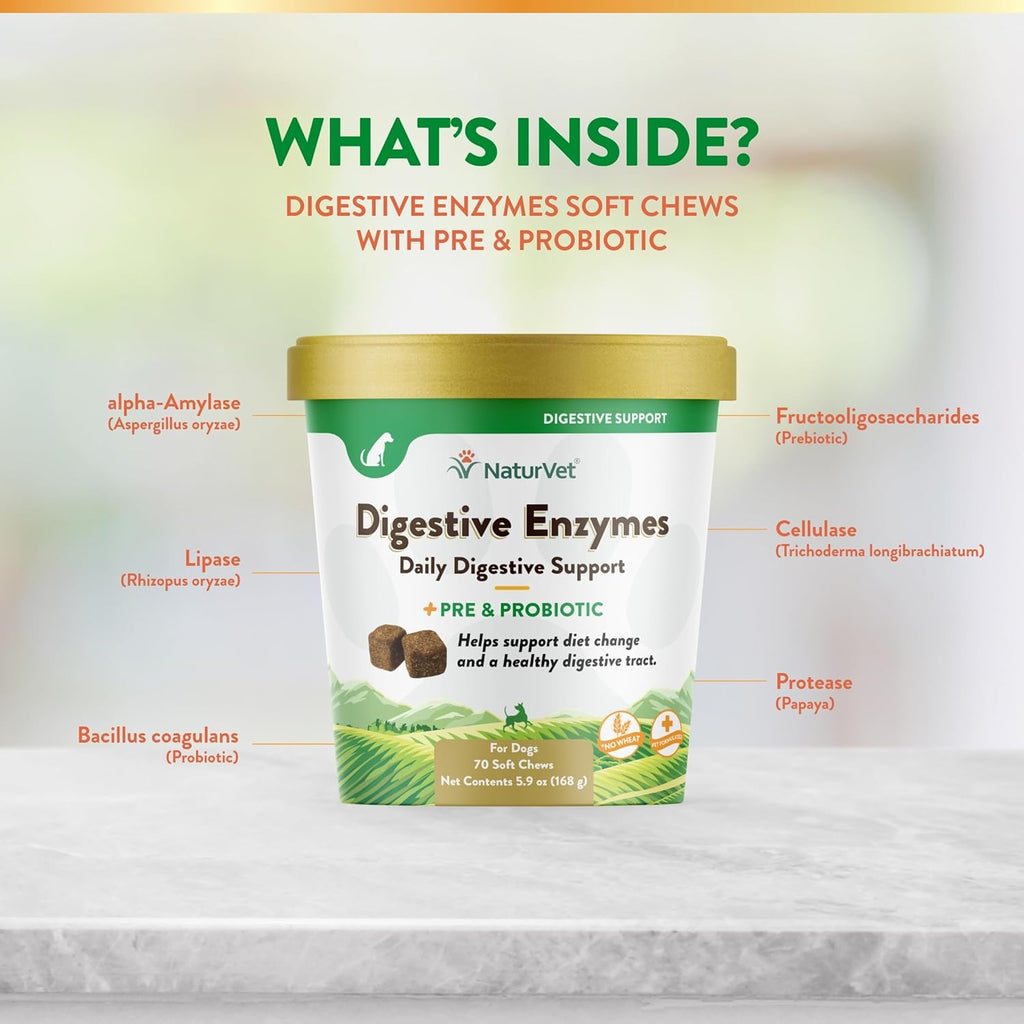 NaturVet – Digestive Enzymes - Plus Probiotics & Prebiotics – Helps Support Diet Change & A Healthy Digestive Tract – for Dogs (Soft Chews, 70 Count)