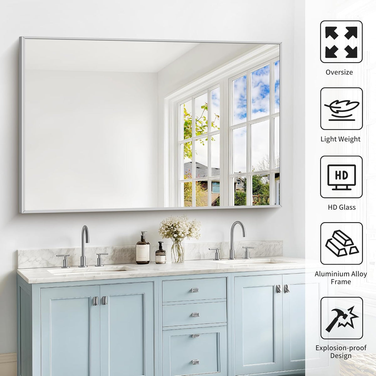 40x60inch Silver Bathroom Mirror, Silver Rectangle Mirror with Frame, Large Rectangular Wall Mirrors for Bathroom, Living Room, Hair Salon, Big Farmhouse Mirror Hang Horizontal/Vertical