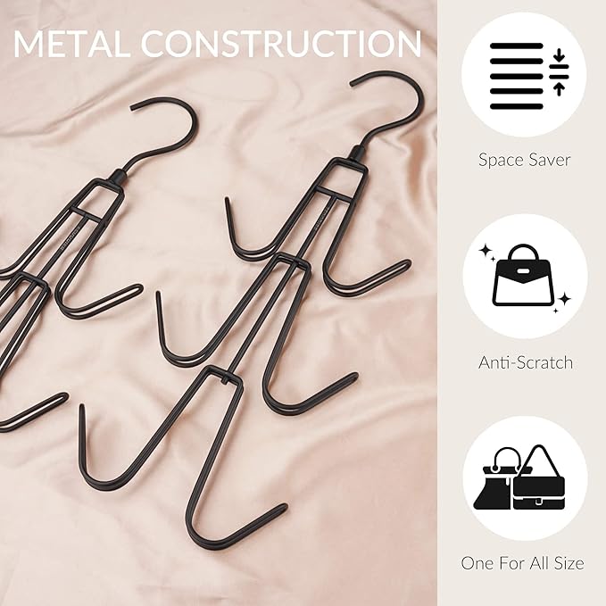 ZEDODIER Purse Hanger Organizer for Closet, 4 Pack Hanging Bag Holder, Keeping Purses Visible and in Good Condition, Metal Handbag Storage Hook Backpack Rack Space Saving Hanger, Black