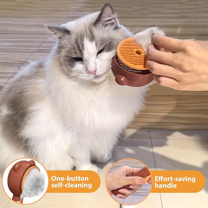 Cat Steam Brush with 2 Spray Levels & Release Button, 4-in-1 IPX7 Waterproof Water Brush for Shedding Grooming, Pet Hair Removal Comb for Long Short Haired Cats Dogs, Self Cleaning Slicker