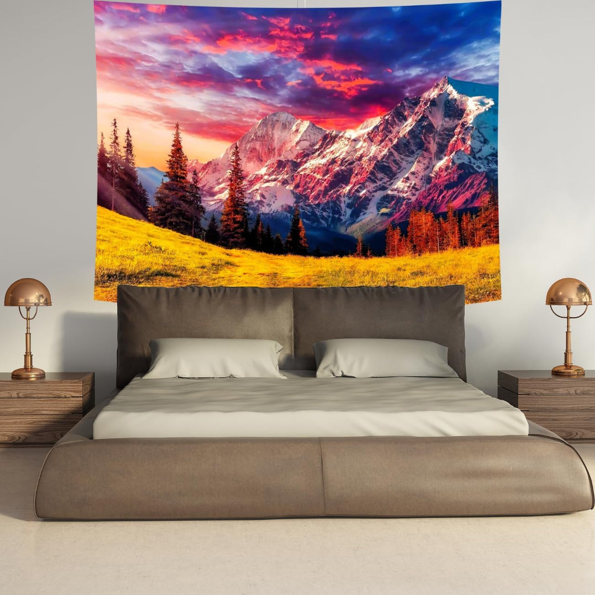 Delur Mountain Tapestry Sunset Forest Tree Nature Tapestry Wall Hanging Sunrise Psychedelic Scenic Landscape Headboard for Bedroom Living Room Home Decor (59.1" x 78.7")