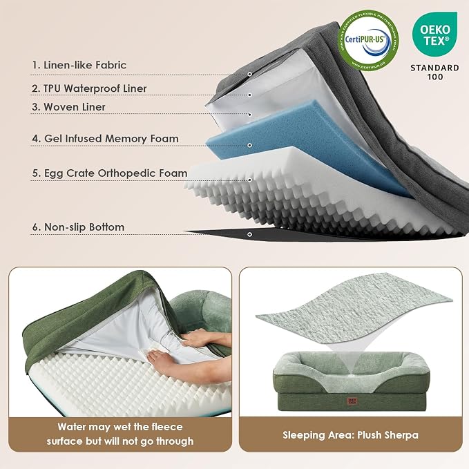 EHEYCIGA Orthopedic XL Dog Bed for Large Sized Dog, 48x35 Inch Extra Large Memory Foam Dog Couch Bed with Sides, Waterproof Liner & Washable Removable Cover, Bolster Pet Sofa, Green