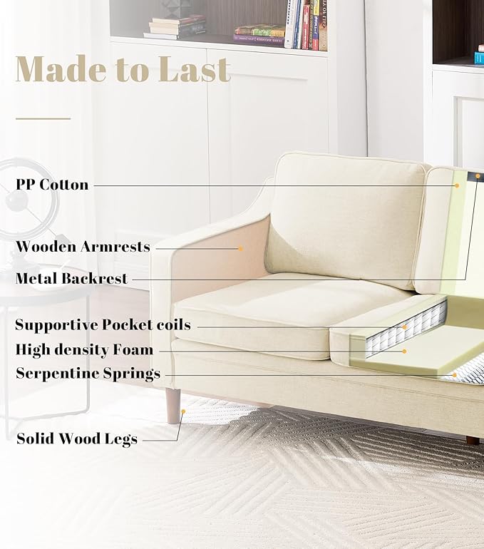 Kingfun Living Room Furniture Sets, Armchair and 2 Loveseat, Mid Century Modern Sofa Set, Chenille Couch with Solid Wood Frame for Living Room & Bedroom, Beige
