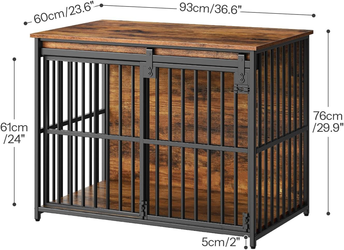 HOOBRO Dog Crate Furniture, 36.6" Heavy Duty Dog Kennel with Sliding Barn Door, Wooden Dog Cage Indoor, Decorative Side End Table for Small/Medium Dogs, Rustic Brown and Black FG162GW03G1
