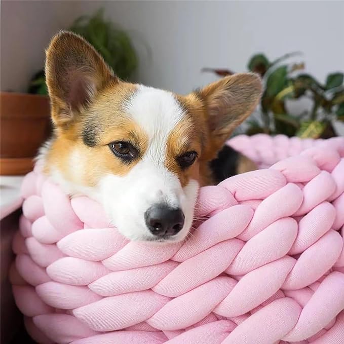 Woven Dog Bed Basket, Knitted Cotton Cat Bed Round Washable Woven Cat Pet Bed Chunky Dog Basket, Orthopedic, Chunky Knit Dog Nest,Dog Bed,Dog Cave,Dog Bedding(Pink,19")