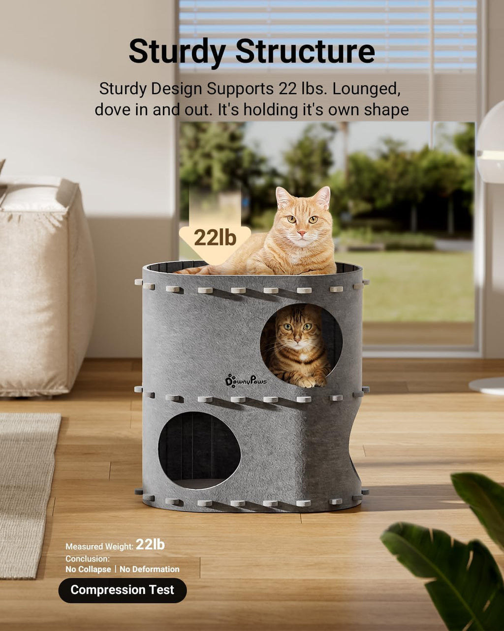 DownyPaws Cat House for Indoor Cats, 2-Storey Foldable Cat Bed Cave, Felt Cats Tunnel Bed Condo, Castle Kitten Cube Hideaway for Multicats, Scratch Resistant, Light Gray