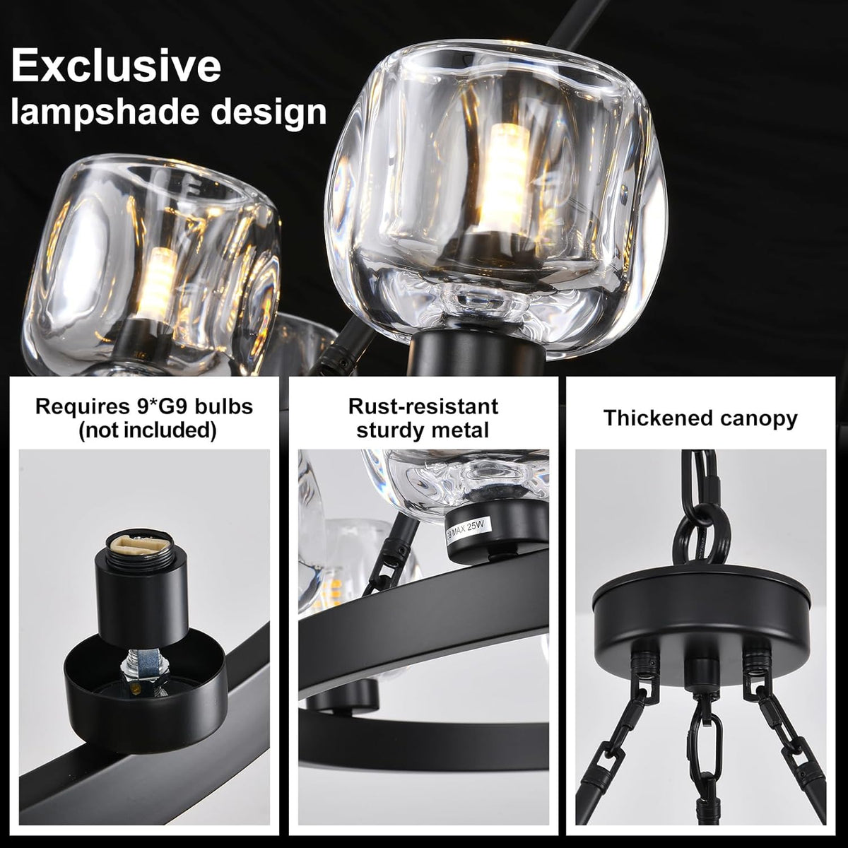 Black Wagon Wheel Chandelier, 36 Inch Black Chandeliers with Unique Glass Shade, 9-Light Crystal Farmhouse Wagon Wheel Chandeliers for Dining Room, Round Chandelier for Living Room, Foyer, Entryway