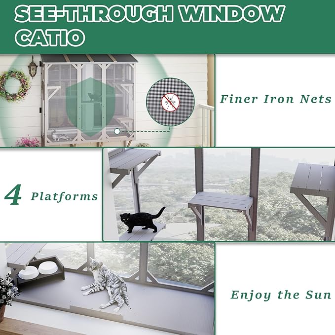 Large Window Catio Cat Window Box, Expandable Cat Catio for Indoor Cats, Outdoor Enclosure with 4 Platforms, 3 Doors for Sunbathing, Napping, Overlooking, All Weather Use