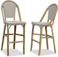 PURPLE LEAF French Bar Stool Set of 2 Bamboo Print Finish Patio Bar Stools with Back Rattan Chairs Wicker Bar Height Stool 30" with Footrest Kitchen Island Stools Outdoor Barstool Grey