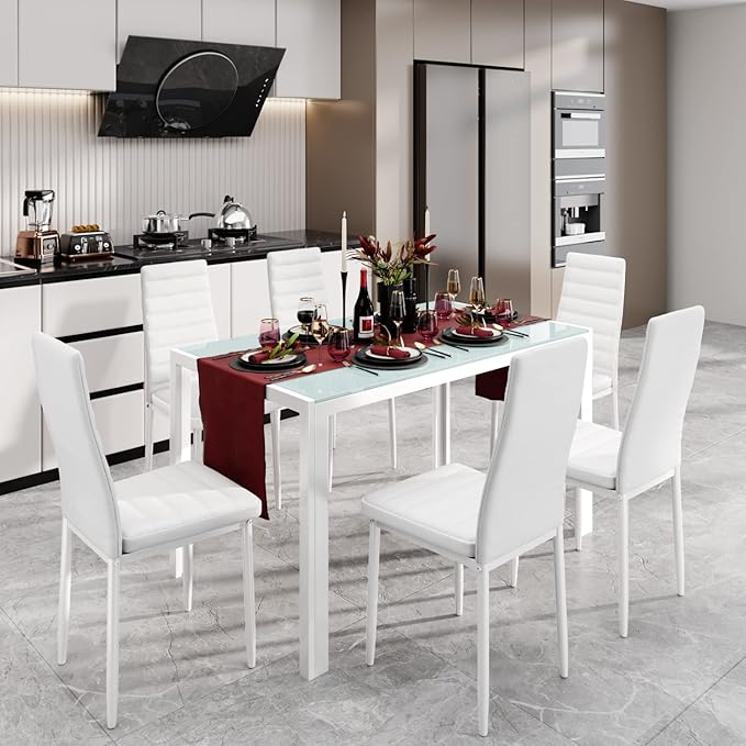 Gizoon Glass Dining Table Sets for 6, 7 Piece Kitchen Table and Chairs Set for 6 Person, PU Leather Modern Dining Room Sets for Home, Kitchen, Living Room
