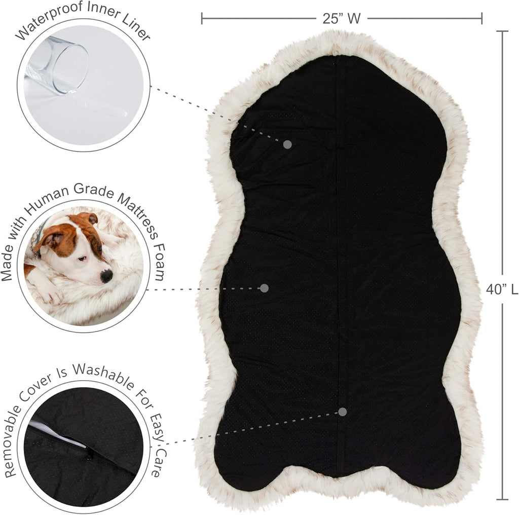 IHAPPYDOG Luxury Faux Fur Orthopedic Dog Bed, Memory Foam Dog Bed for Small, Medium, Large and XL Pets, Fluffy Pet Rug with Waterproof and Washable Cover (White w/Brown Tips, 40"x25")