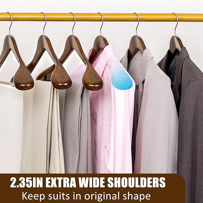 Amber Home 6 Pack Walnut Wide Shoulder Wooden Suit Coat Hangers with Non Slip Pants Bar, Solid Wood Jacket Clothes Hangers Smooth Finish for Sweater, Pants, Heavy Clothes (Walnut, 6 Pack)