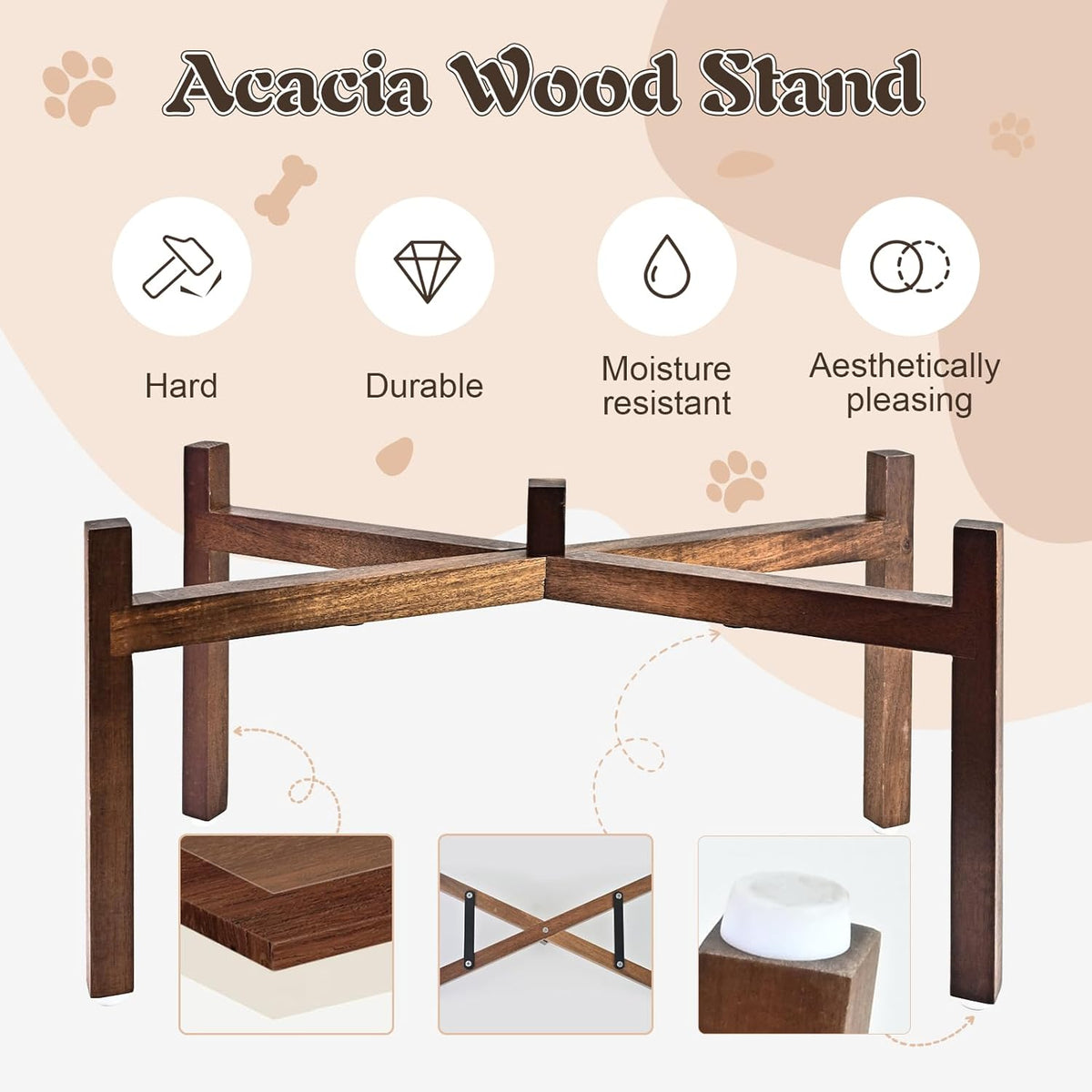 SPUNKYJUNKY Raised Ceramic Dog Bowls Set with Non-Slip Acacia Wood Stand for Large Sized Dog(60.87 OZ, Gray)