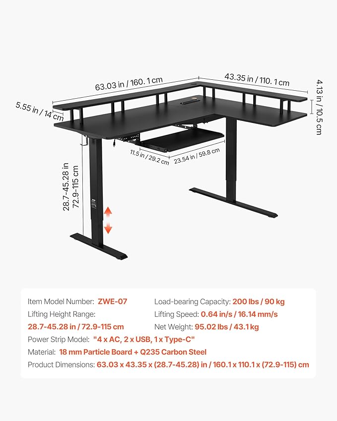VEVOR L Shaped Desk, Electric Adjustable Height Corner Gaming Desk with Keyboard Tray and Dual Hooks, Heavy Duty L-Shaped Computer Table with Light Strip for Home Office, Easy to Assemble, Black