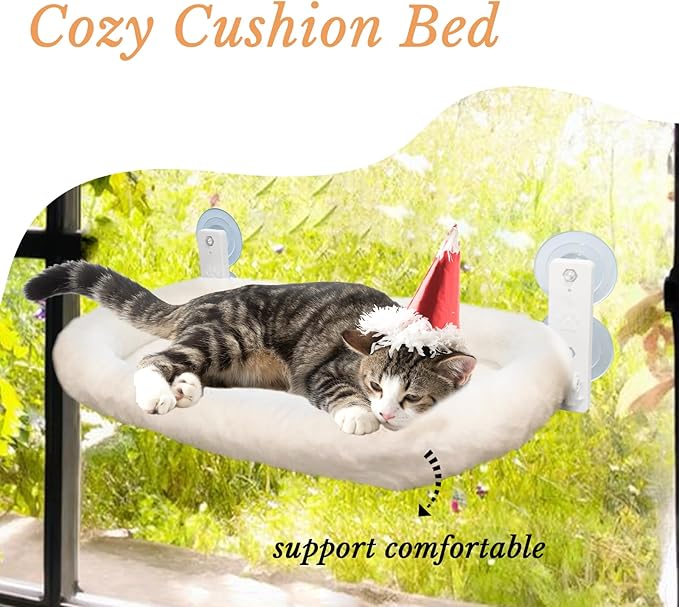 Extra Large Cat Window Perch (23.8×11.8in) - Washable 2-Season Fabric Cover, 4 Strong Suction Cups, Solid Metal Frame - Foldable Cat Hammock for Large Cats/2 Cats, Cordless Design (White)