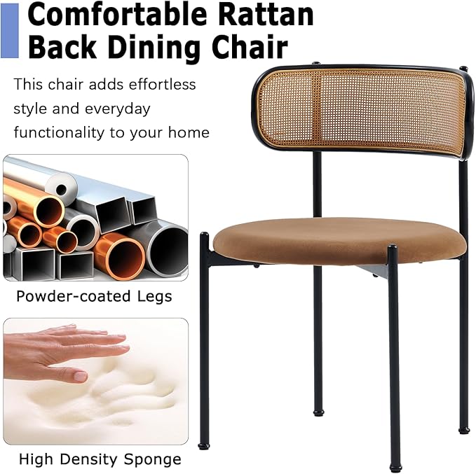 Rattan Dining Chairs Set of 6, Mid Century Modern Dining Chairs with Cane Back and Boucle Upholstered Seat, Farmhouse Kitchen Chairs for Dining Room and Living Room, Brown