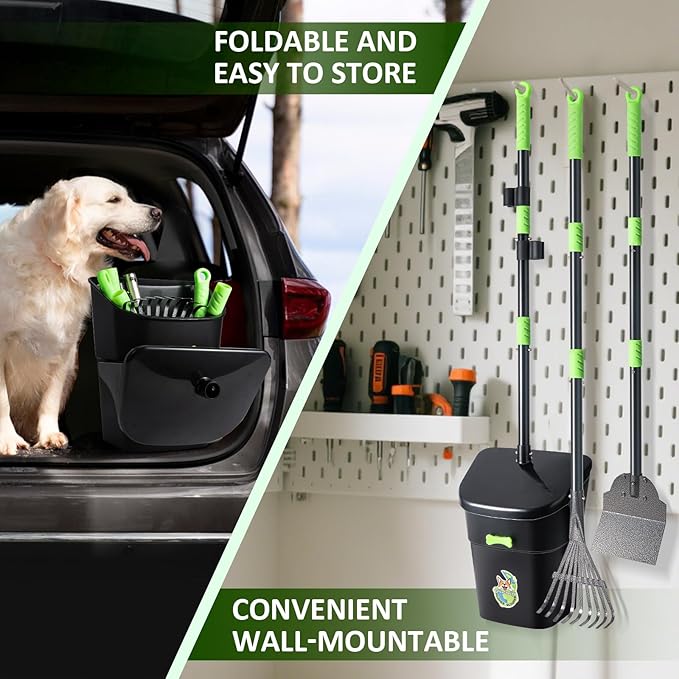 Dog Pooper Scooper, Long Handle Adjustable Metal Swivel Bin & Rake & Spade Kit with 20 Waste Bags, Portable Heavy Duty Dog Poop Scooper for Gravel Lawn, Suit for Small Medium Large Dog