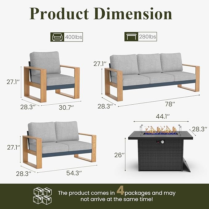 LayinSun 5 Pieces Aluminum Patio Furniture Set with Fire Pit Table, Oversized Seat with Hight Back, Outdoor Conversation Sets for Porch, Balcony, Deck