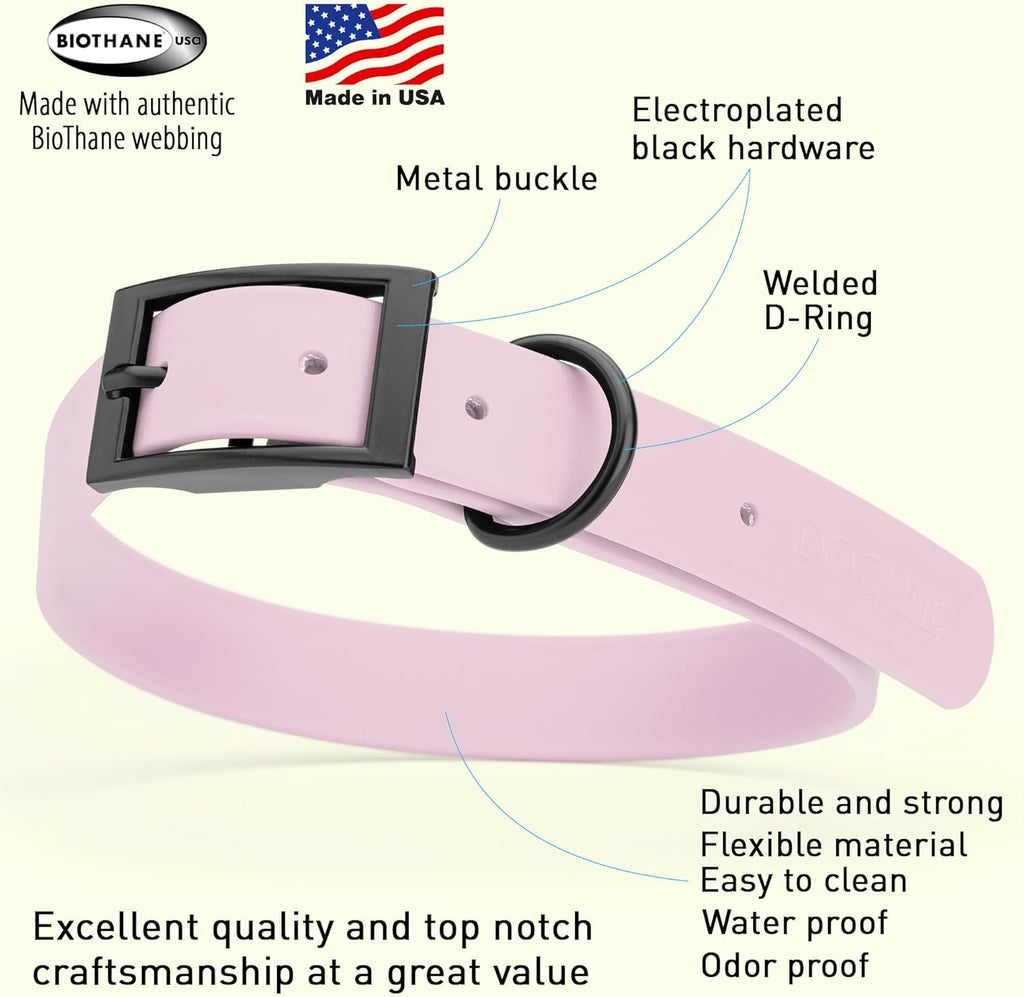Dogline Biothane Waterproof Dog Collar Strong Coated Nylon Webbing with Black Hardware Odor- Proof for Easy Care Easy to Clean High Performance Fits Small Medium or Large Dogs, Pastel Purple