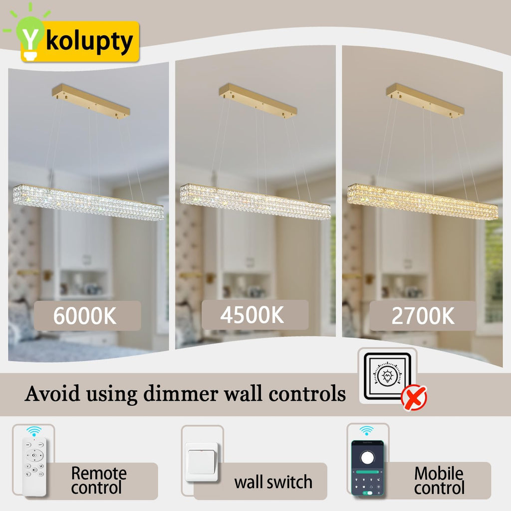 W48 Rectangular Gold Crystal Chandelier Modern Rectangle Pendant Ceiling Light Fixture for Living Room Dining Room Kitchen Island Bar
