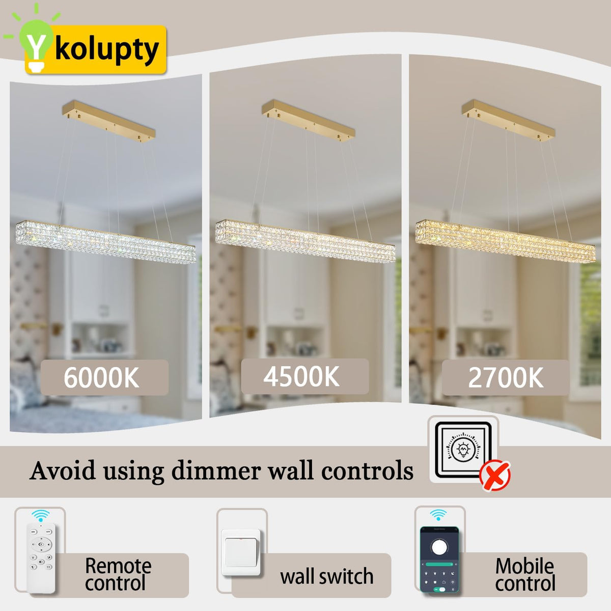 W48 Rectangular Gold Crystal Chandelier Modern Rectangle Pendant Ceiling Light Fixture for Living Room Dining Room Kitchen Island Bar