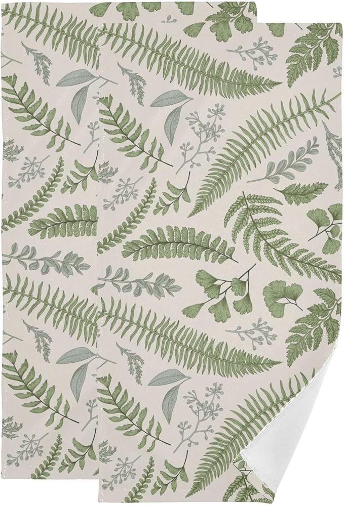 2 Pack Farmhouse Leaf Hand Towels for Bathroom,Soft Absorbent Tropical Sage Green Leaves Fern Wildflower Plant Kitchen Dish Towels,Decorative Guest Bathroom Towels for Face,Shower,Gym 14"x28"