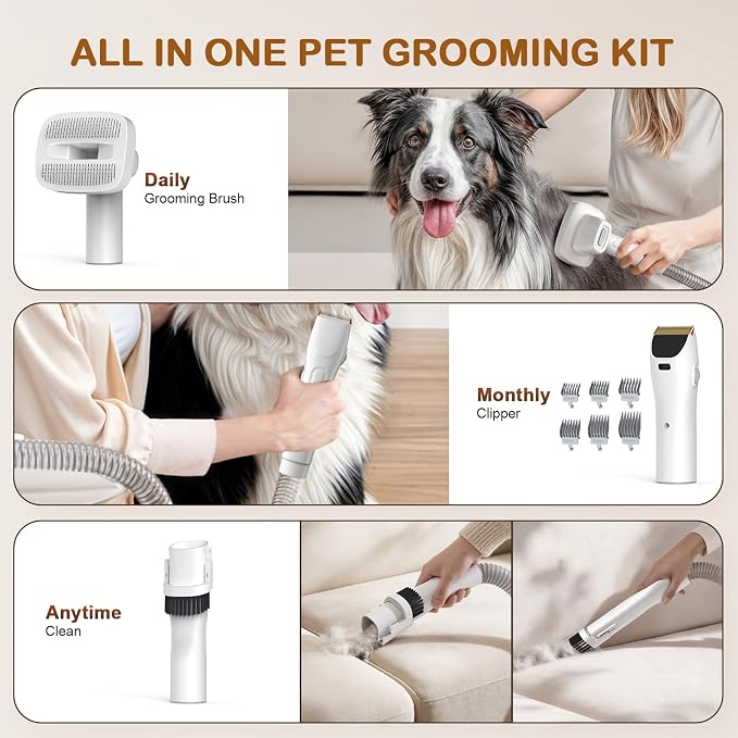 Dog Grooming Vacuum, Dog Grooming Kit, 3 Suction Modes Dog Brush Vacuum with 5 Pet Grooming Tools （Alabaster）