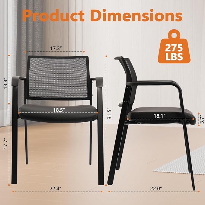 CLATINA Stackable Office Chair, Mesh Back Guest Chairs with Comfortable Leather Seat Arms Stacking Ergonomic Desk Chair No Wheels for Conference Waiting Reception School Stationary, Black, Set of 2