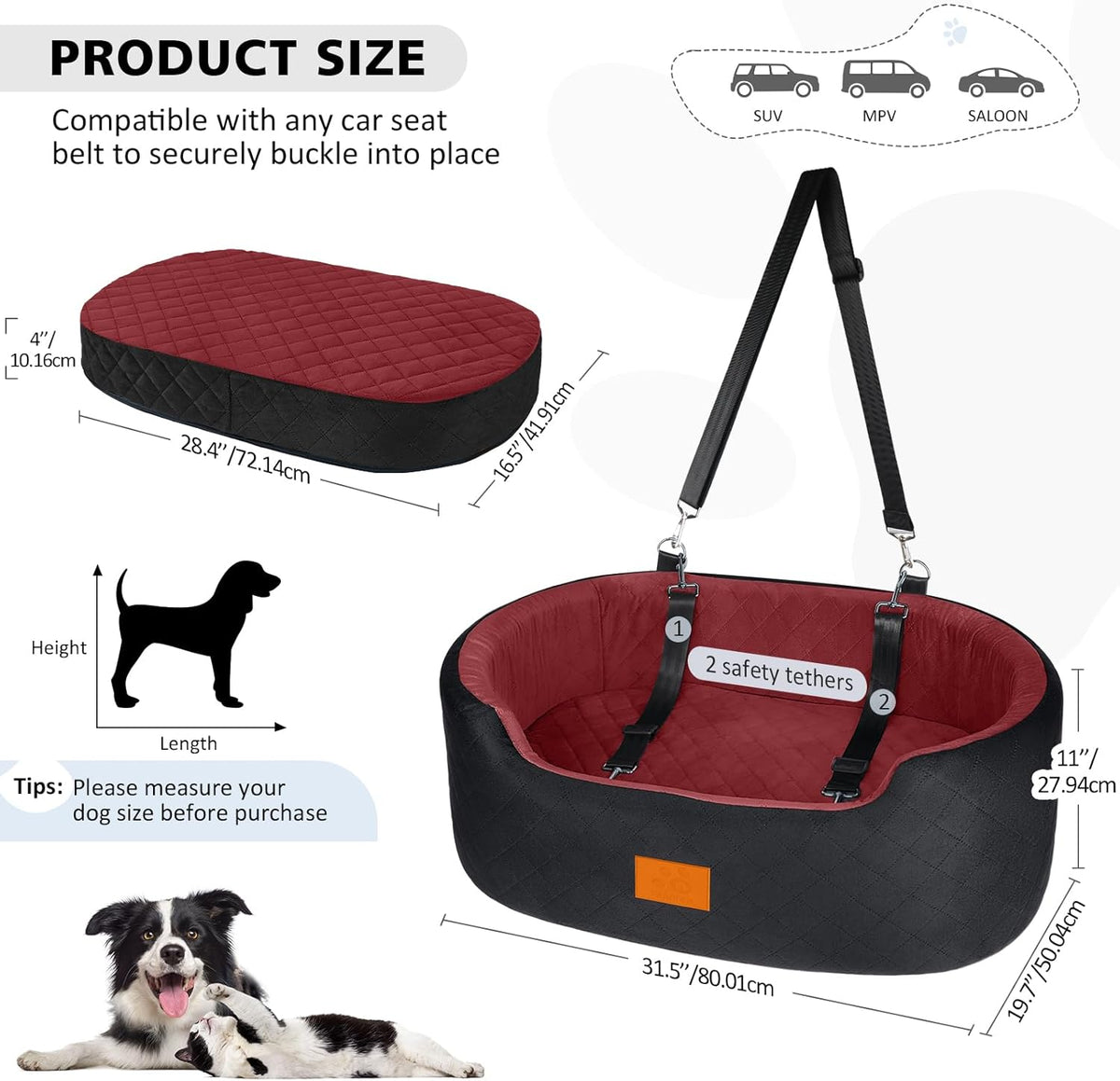Dog Car Seat for Medium Dogs Up to 50 lbs, Pet Booster Seat for Cars SUVs and Trucks, Travel Dog Bed with Safety Strap, Thick Cushion, Non-Slip Base, Washable and Portable(Black/Red