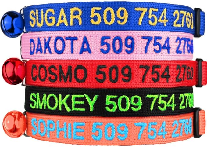 GoTags Personalized Cat Collar with Embroidered Name and Number, Safety Breakaway Buckle Snag-Proof Design, Adjustable Customized Nylon ID Collar with Bell for Cat or Kitten, 5 Color Options