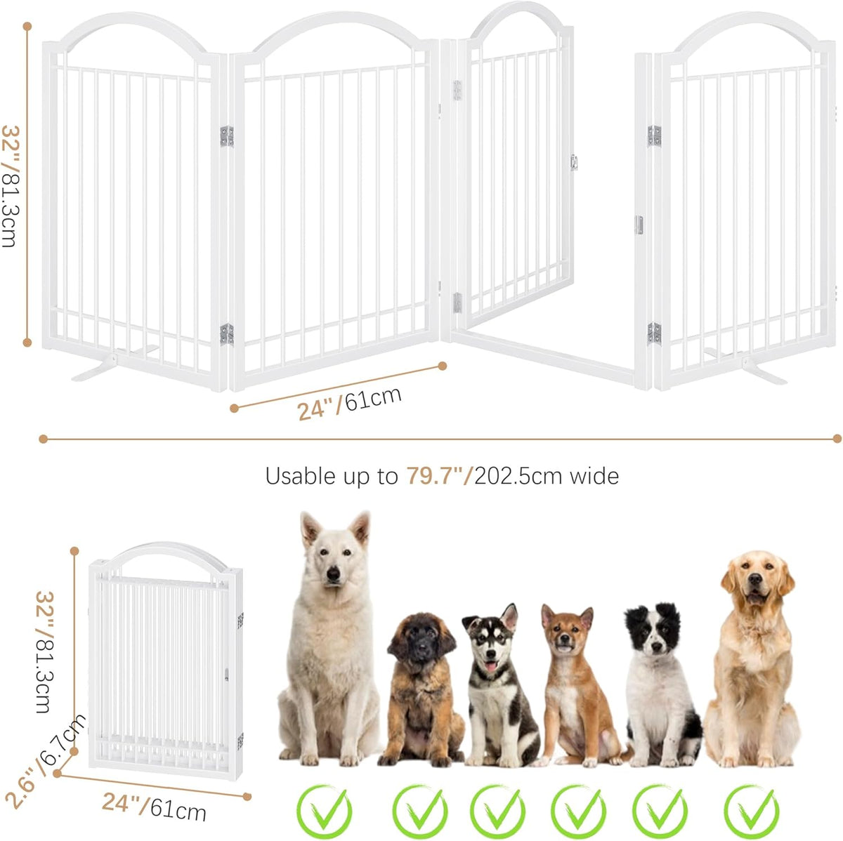 BHG Metal No-Assembly Freestanding Dog Gate with Door Walk Through, Extra Wide 96", Extra Tall 32" Pet Gate, Accordion Puppy Folding Playpen Dog Fence, with 2PCS Support (White, 4 Panels)